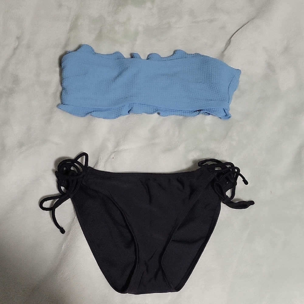 Blue Bandeau Bikini Top and Black Bottoms